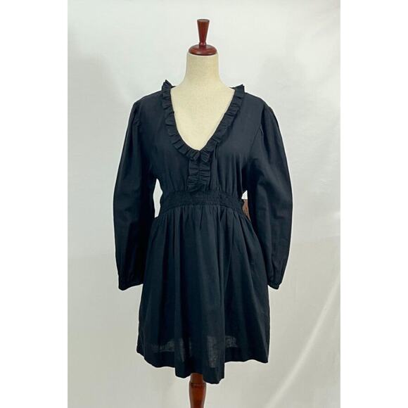 ABIGAIL ZWAANS Sz L Large Black Baie Ruffle Long Sleeve Dress NWT Cotton Linen - Picture 2 of 10